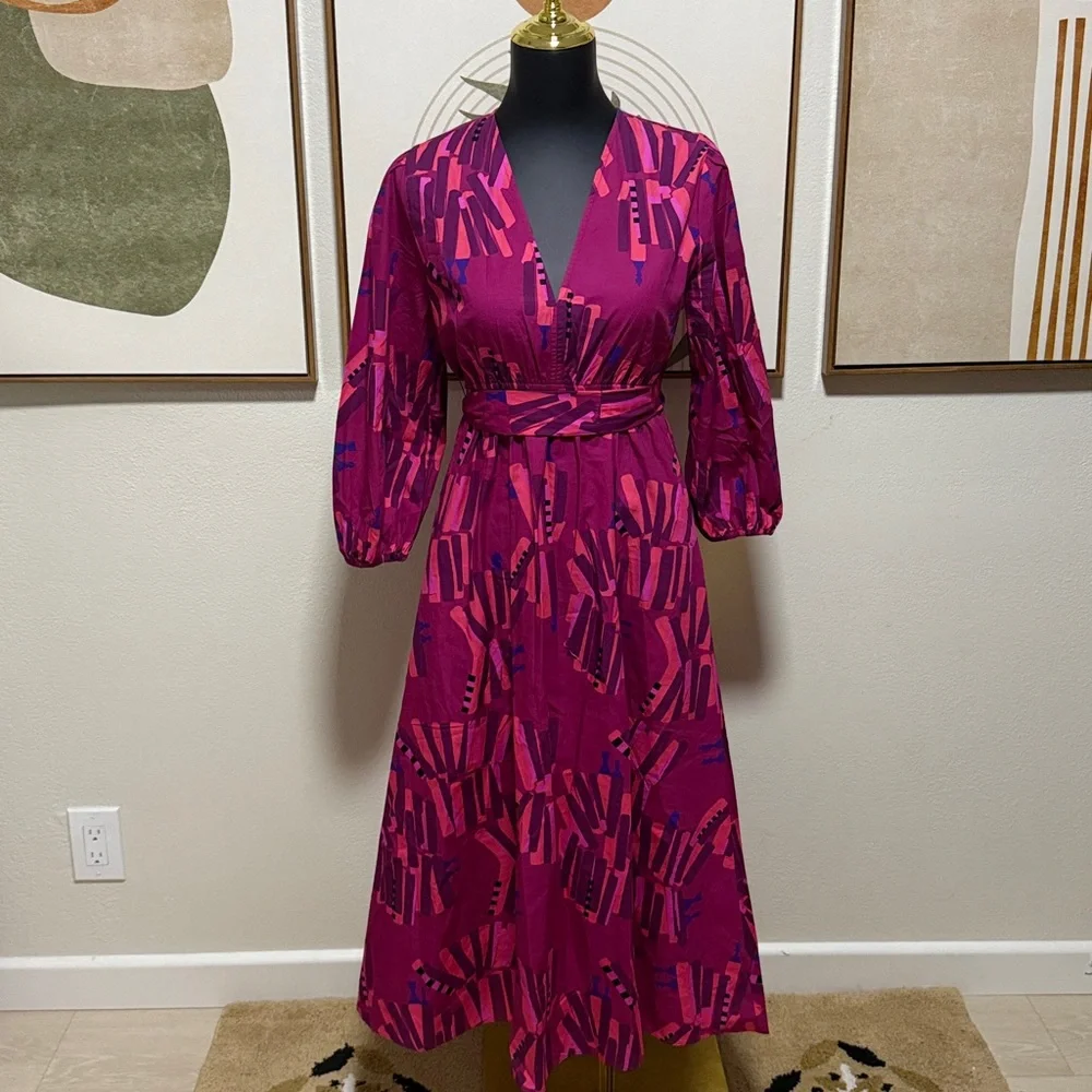 CELINA MOON Pink and Purple Patterned Long Sleeve Midi Dress NEW - Picture 4 of 9